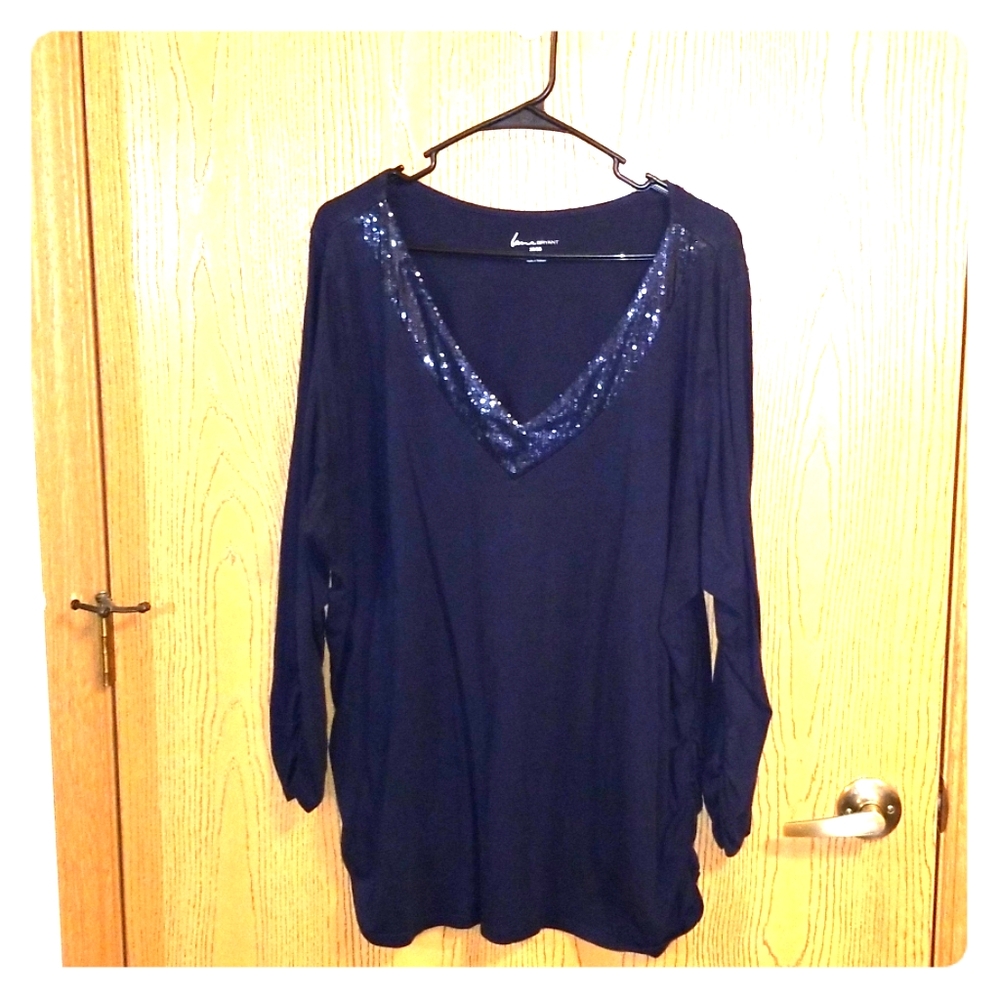 Lane Bryant Navy Blue Sequined V-Neck Blouse